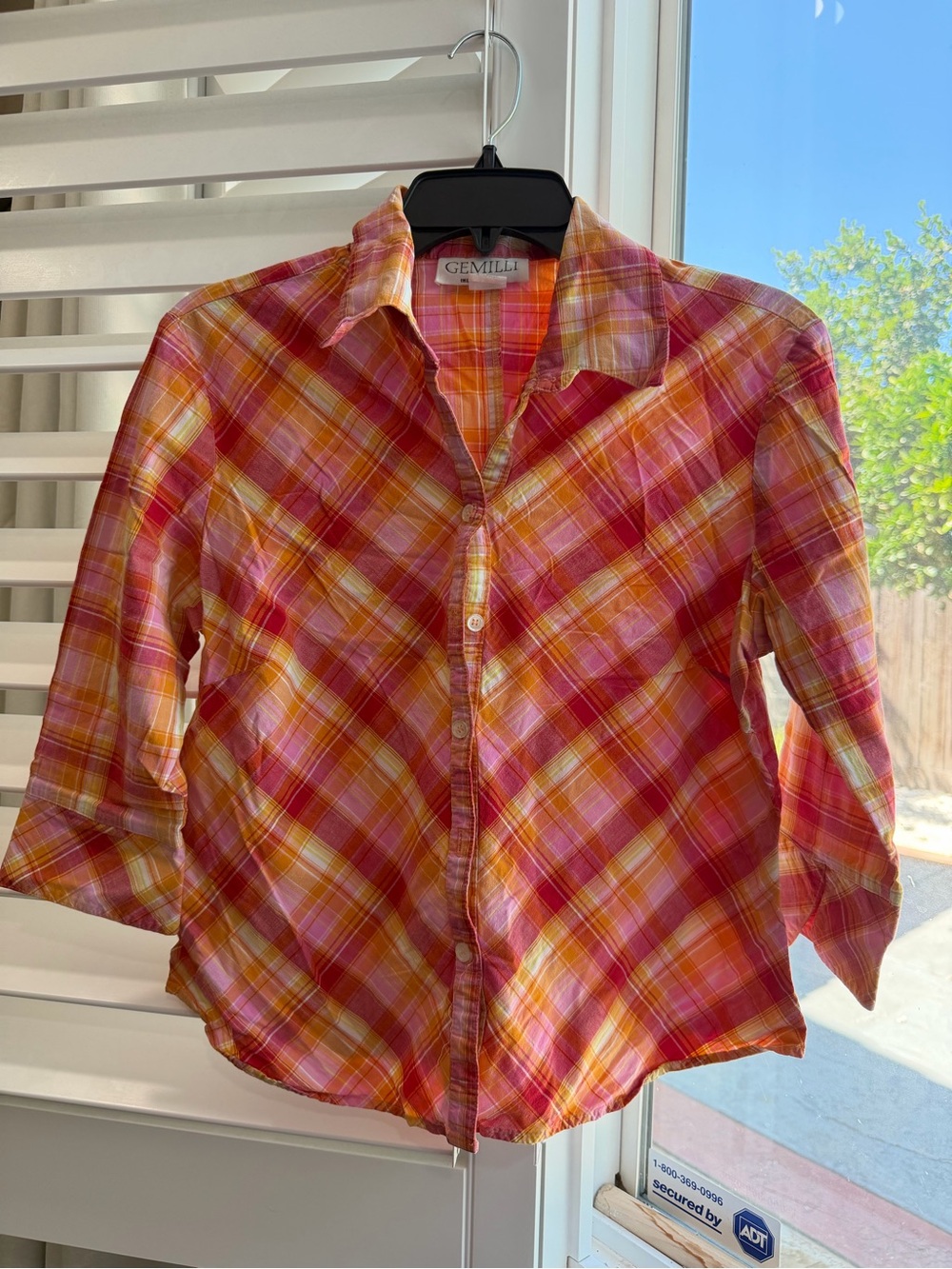 Gemelli Women's Pink Orange Plaid Button-Up Shirt